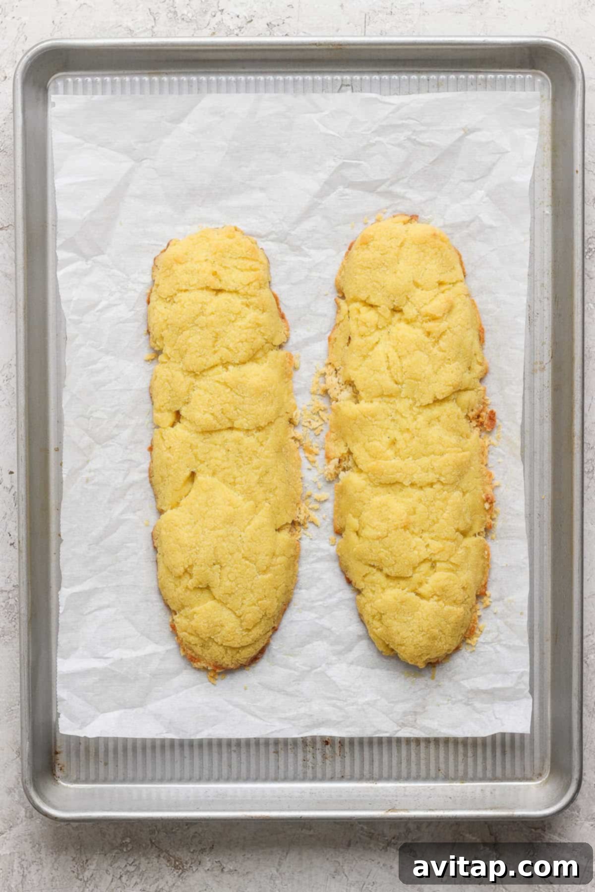 Two homemade almond biscotti cookie logs on a parchment-lined baking sheet.