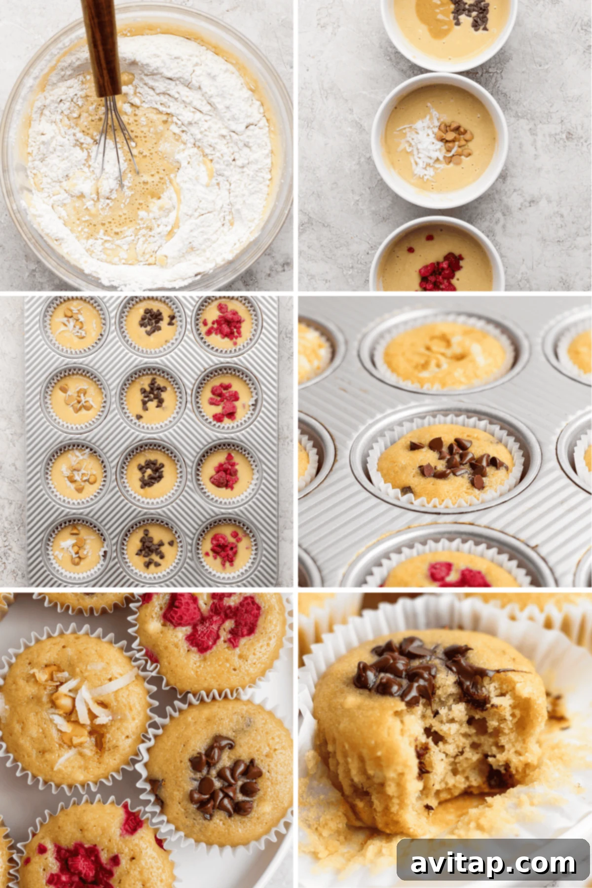 A visual step-by-step guide illustrating the muffin-making process. The collage shows a bowl with batter being mixed, muffin tins being filled with various toppings like chocolate chips, raspberries, and nuts, muffins baking in an oven, and finally, a tray of perfectly golden-brown, finished muffins ready to be enjoyed.