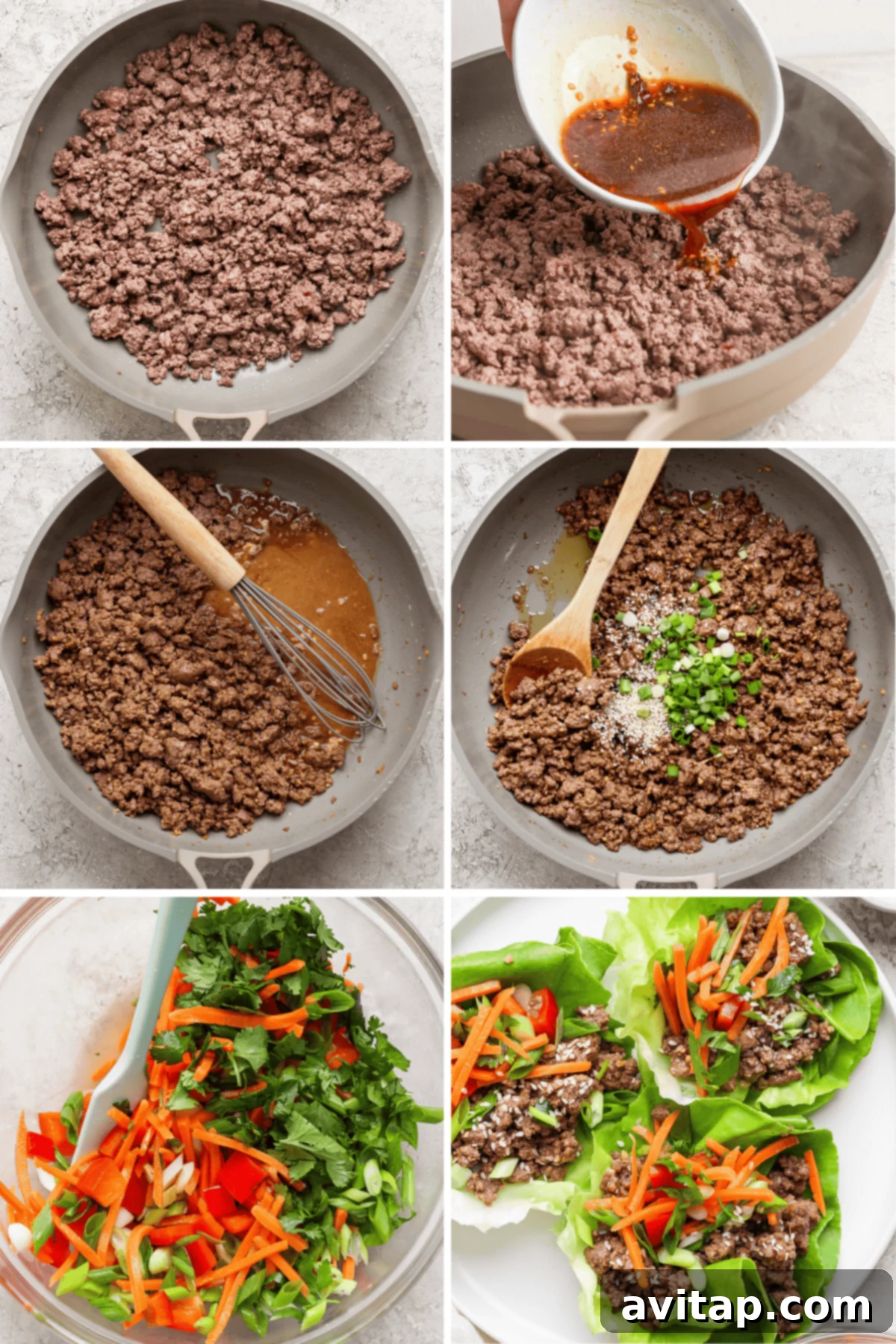 A step-by-step collage showing the process of making Korean beef lettuce wraps: cooking ground beef, adding the homemade Korean sauce, stirring in spices and green onions, preparing a fresh vegetable mix, and finally, assembling the vibrant lettuce wraps.