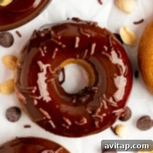 A chocolate-glazed donut with chocolate sprinkles, surrounded by chocolate chips and peanuts on a white surface.