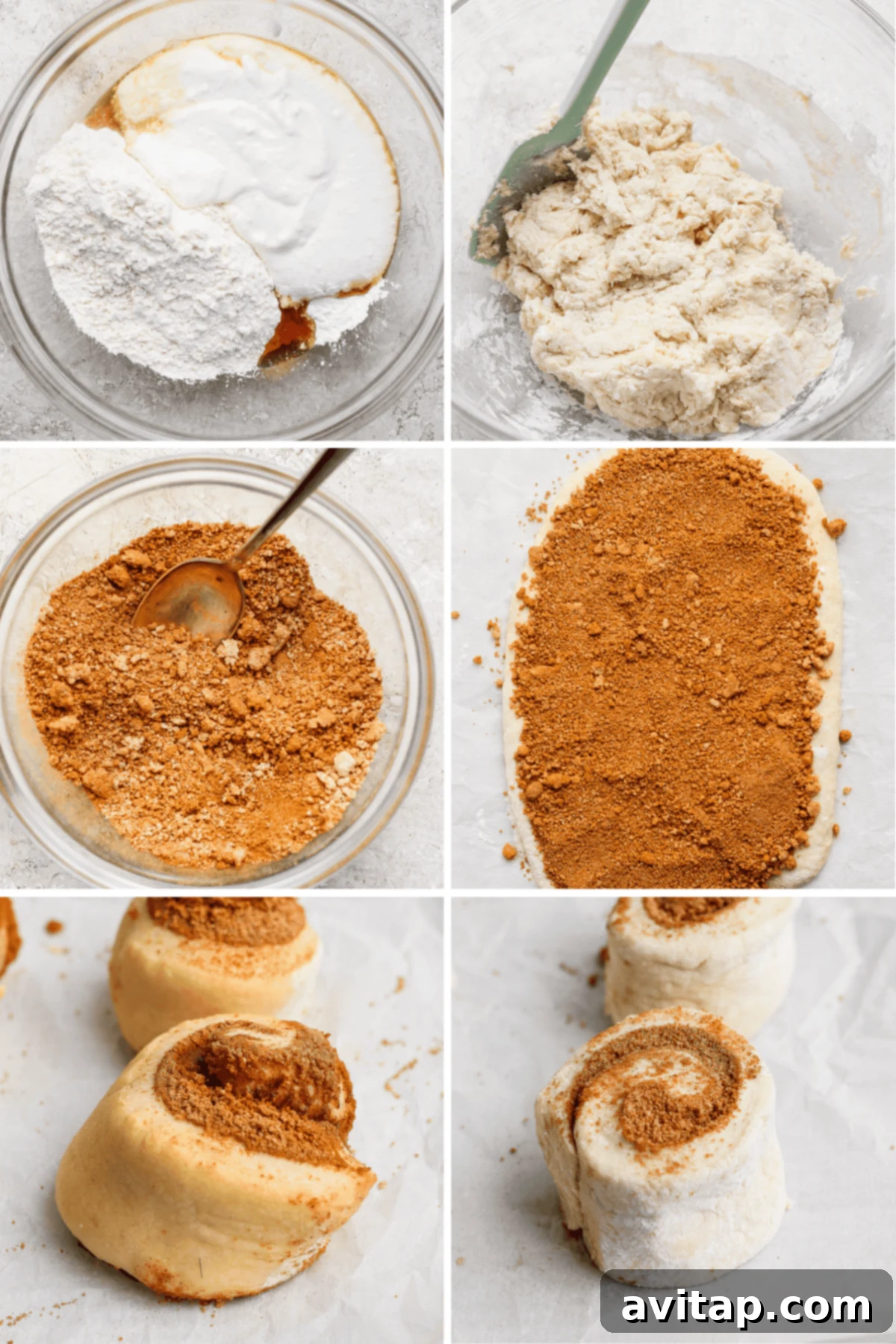 Protein-Rich Mini Cinnamon Rolls 3 A vibrant collage depicting the step-by-step process of making small batch protein cinnamon rolls, from mixing the high-protein dough to rolling, slicing, and finally showcasing the perfectly shaped unbaked rolls.
