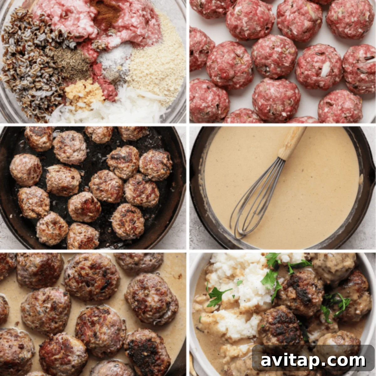 A collage showing six steps to make Swedish meatballs: mixing ingredients, shaping meatballs, browning them, preparing sauce, cooking meatballs in sauce, and serving with mashed potatoes.