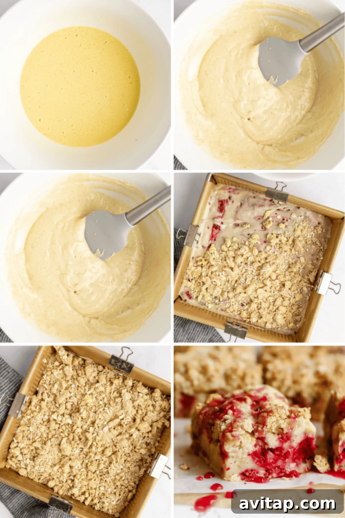 A collage of six images illustrating the step-by-step process of preparing a crumb cake with raspberry filling, from mixing ingredients to the final baked and sliced dessert.