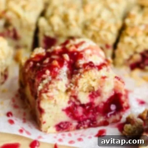A close-up of a slice of crumb cake with a raspberry filling and a drizzle of raspberry sauce on top, dusted with powdered sugar.