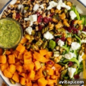 A gourmet bowl featuring fresh spinach, wild rice, perfectly roasted butternut squash, crunchy walnuts, pepitas, dried cranberries, and crumbled feta cheese, with a small container of vibrant green pesto dressing on the side.