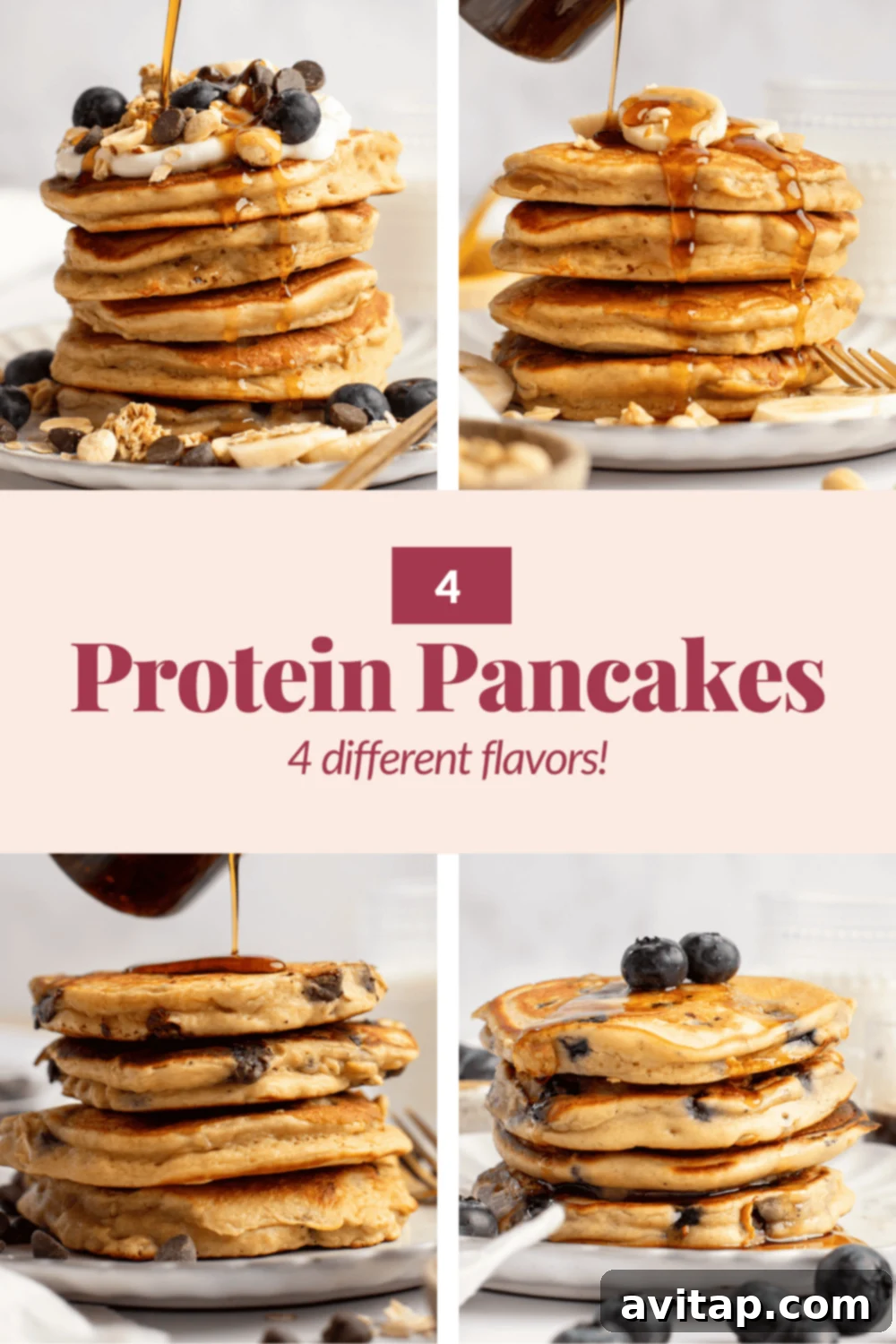 A collage displaying four stacks of protein pancakes, each with different toppings like fresh berries, chocolate chips, granola, nuts, and a drizzle of syrup, showcasing the variety of flavor options.