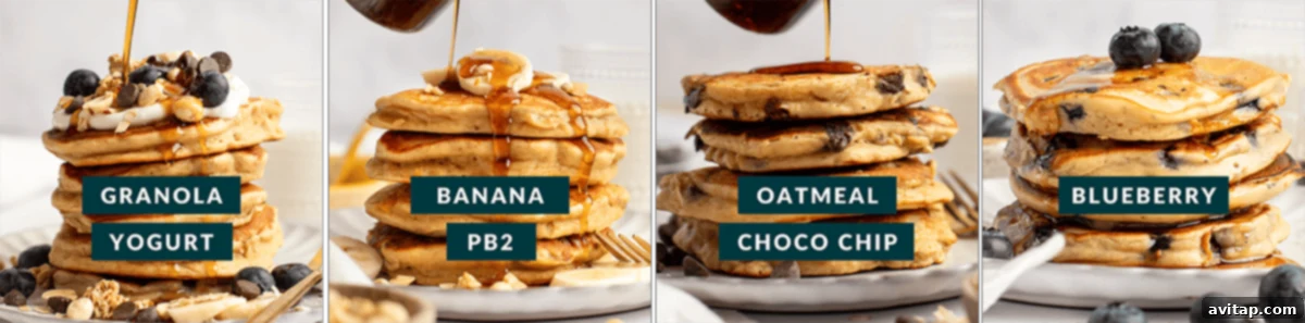 A horizontal collage showcasing four distinct stacks of protein pancakes, each labeled with its flavor: Granola Yogurt, Banana PB2, Oatmeal Choco Chip, and Blueberry. Each stack is topped with its respective ingredients, and syrup is being poured over some, highlighting the delicious variety.