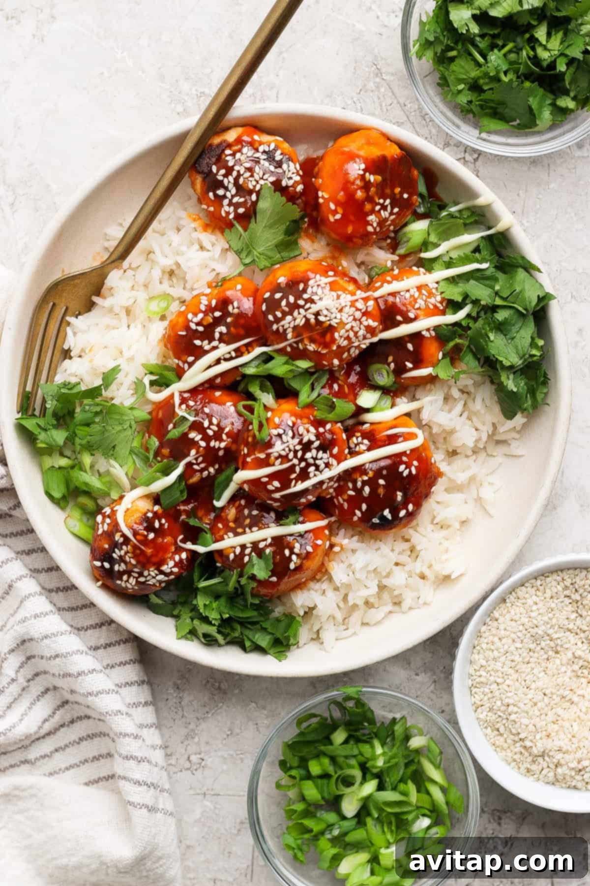 Sticky Sesame Ginger Salmon Meatballs 2 A plate with rice, saucy salmon meatballs topped with sesame seeds and green onions, garnished with cilantro. Accompanied by small bowls of sesame seeds, green onions, and cilantro.
