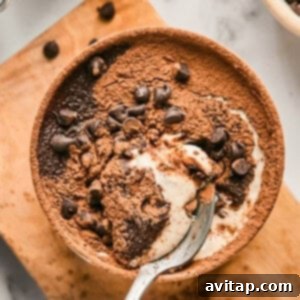 A bowl of chocolate dessert topped with cocoa powder and chocolate chips, partially eaten, with a spoon resting inside.