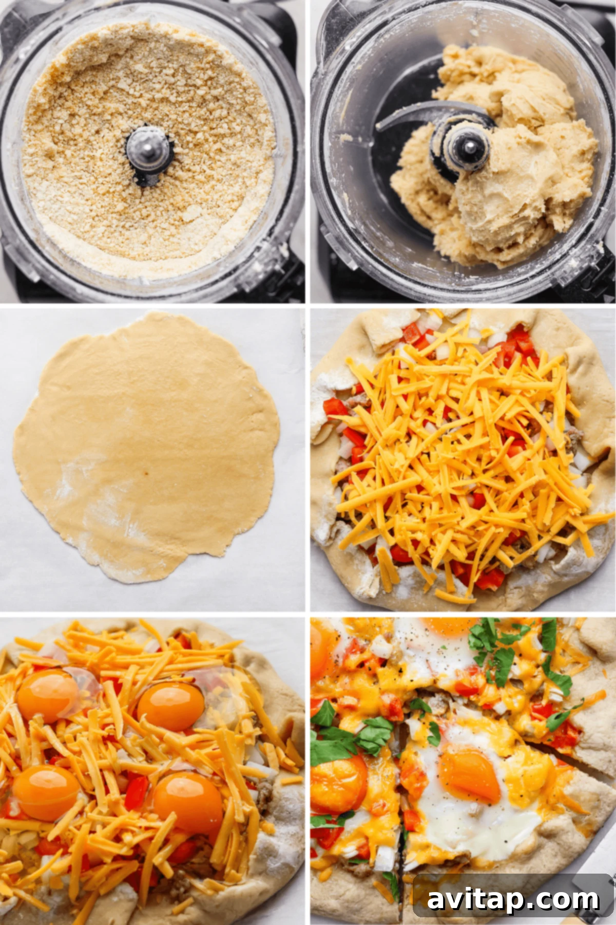 Hearty Morning Galette 3 A six-panel image illustrating the step-by-step process of making a breakfast galette: from dough preparation in a food processor, to rolling out the dough, layering with cheese and various toppings, adding raw eggs, the final baked galette, and a serving slice garnished with fresh herbs.