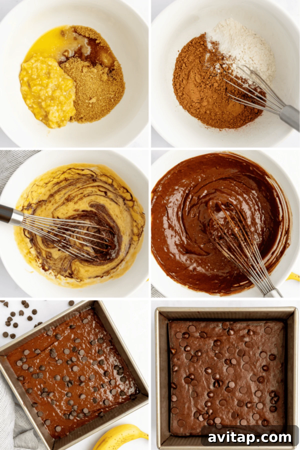 Banana Bread Brownie Mashup 4 Collage of six images showing the process of making brownies, from mixing ingredients to the finished baked dish. Chocolate chips are visible on top of the brownies.
