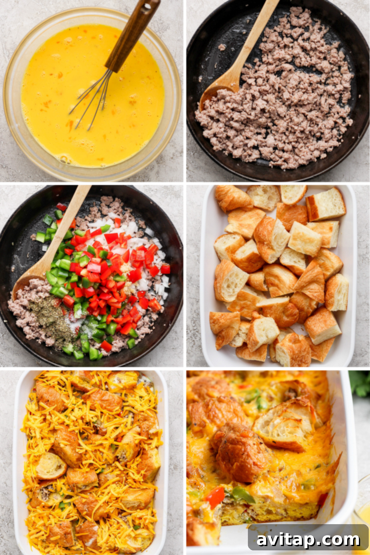 A visual guide showing the steps of assembling the croissant egg bake, from layering bread and fillings to the final baked casserole.