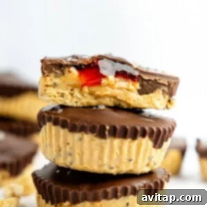 A stack of three chocolate-covered peanut butter cups, with the top one showing a bite revealing the creamy peanut butter and red jam filling. Roasted peanuts are scattered nearby.