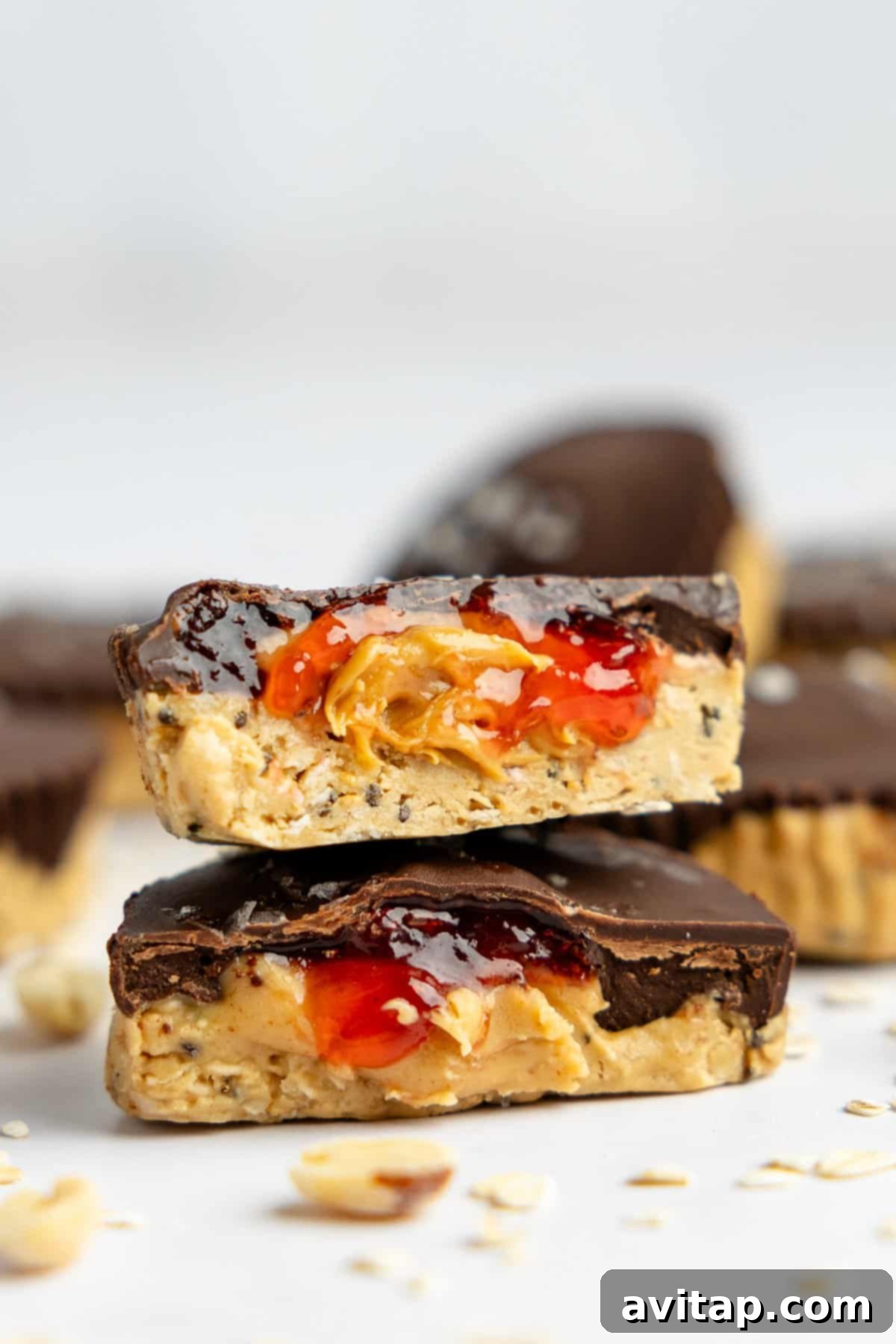 Two chocolate-covered peanut butter cups, one sliced in half to reveal layers of creamy peanut butter and sweet jelly, surrounded by more whole cups and scattered oats on a white surface.