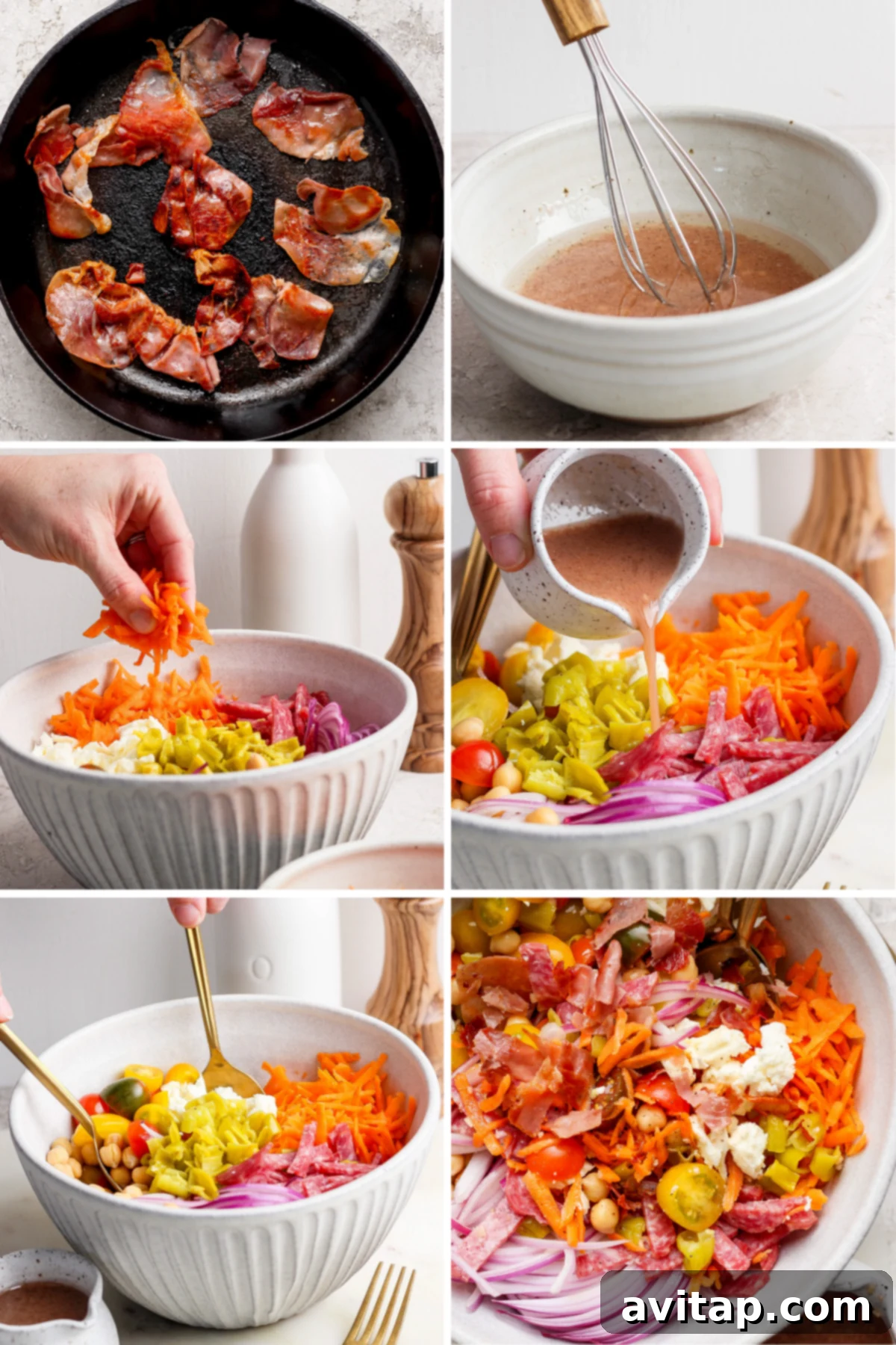 A step-by-step visual of the salad preparation: crispy cooked bacon in a skillet, a bowl of whisked dressing, shredded vegetables being added to a large salad bowl, dressing poured over the ingredients, and the final tossed salad with toppings in a clean white bowl.