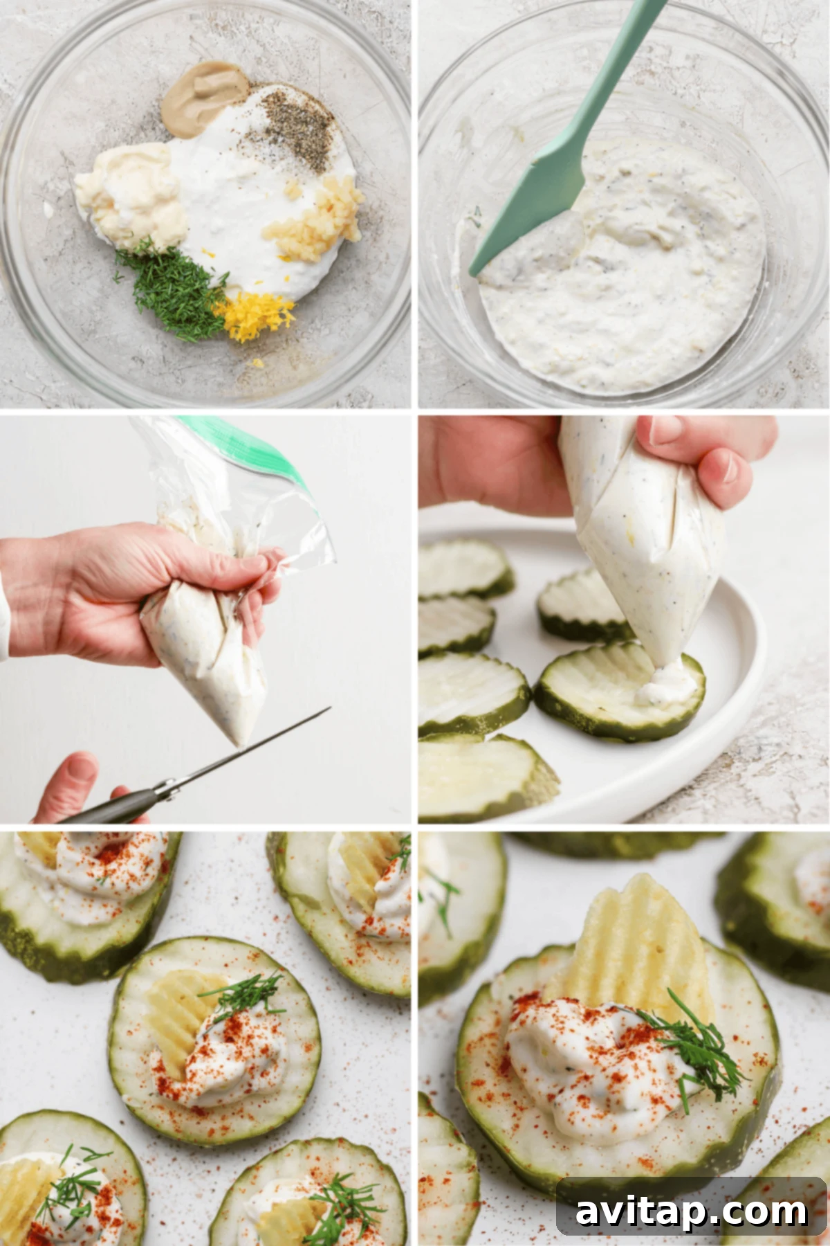 Ingredients in a bowl; mixture in process; filling a piping bag; piping onto pickle slices; garnished slices on a plate.
