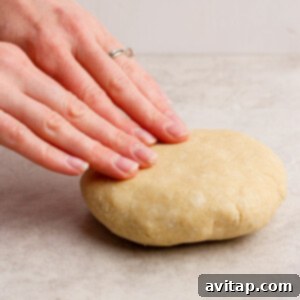 A pair of hands gently pressing down on a round, unbaked dough ball, centering it on a textured gray countertop, preparing it for rolling.