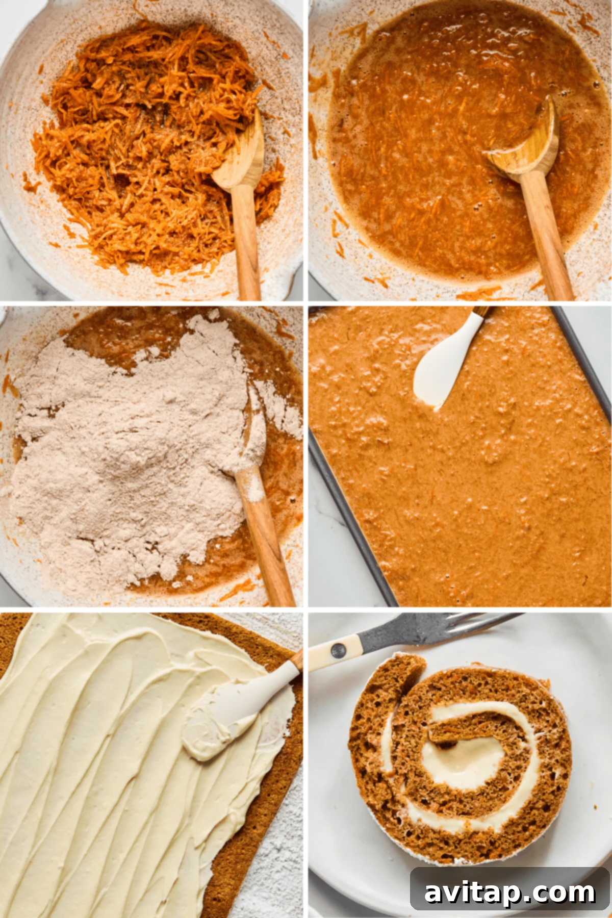 A step-by-step visual guide showing the process of making a carrot cake roll, from mixing ingredients to spreading frosting and the final sliced roll.
