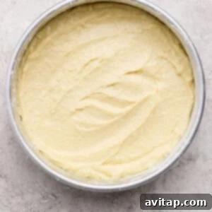 Cake batter spread evenly in a round, silver baking pan on a textured, light-colored surface.