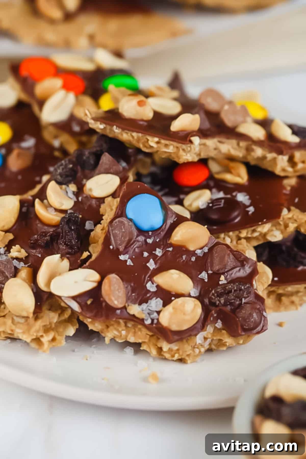 Pieces of chocolate-covered treats on a plate, topped with peanuts, colorful candy-coated chocolates, and small chocolate chunks.