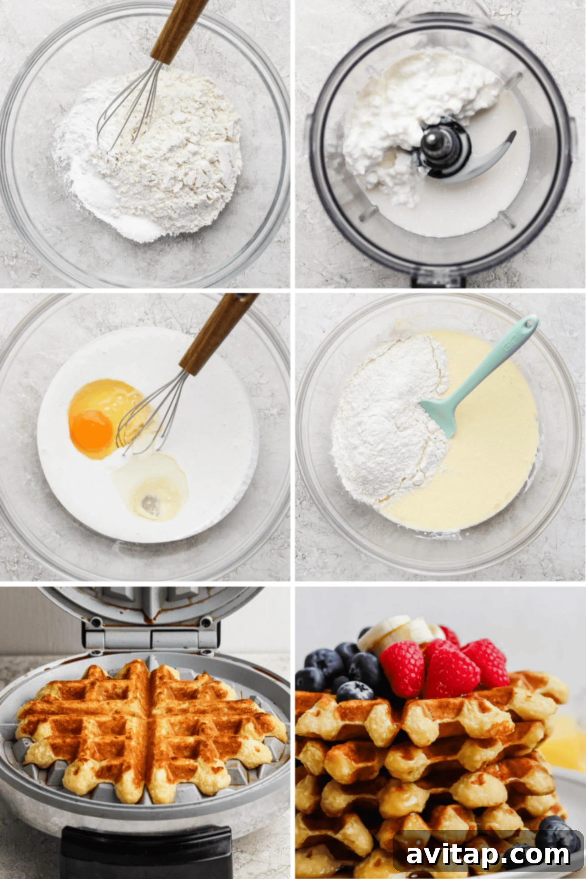 High-Protein Cottage Cheese Waffles 4 A step-by-step collage demonstrating the easy process of making cottage cheese waffles: showing separate bowls for dry and wet ingredients, blending the wet ingredients including egg, combining the two mixtures, pouring the batter into a hot waffle maker, and a final shot of perfectly stacked waffles with berries.