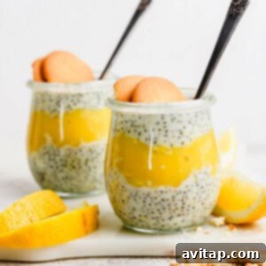 Two elegant glass jars, each containing vibrant layers of creamy chia pudding and bright yellow lemon curd. Both jars are topped with two crisp Nilla Wafer cookies, beautifully presented on a pristine white surface with scattered lemon slices nearby.