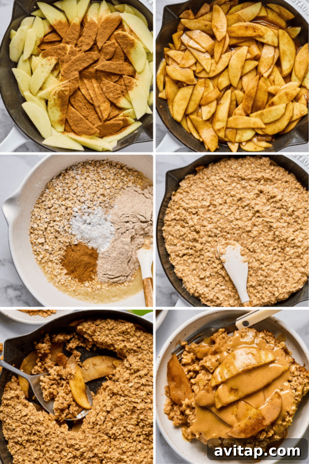 A six-panel photo collage illustrating the step-by-step process of preparing baked apple oatmeal: starting with thinly sliced apples, adding cinnamon and sugar, mixing the oat crumble, assembling the layers in a skillet, baking until golden, and finally serving the completed, delicious breakfast.