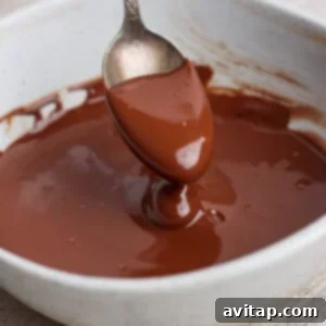A spoon is dipped into a bowl of melted chocolate, with some chocolate coating the spoon.