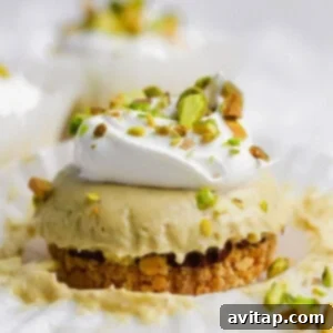 A mini cheesecake with a crumb crust, topped with whipped cream and chopped pistachios, sits on a piece of white parchment paper.
