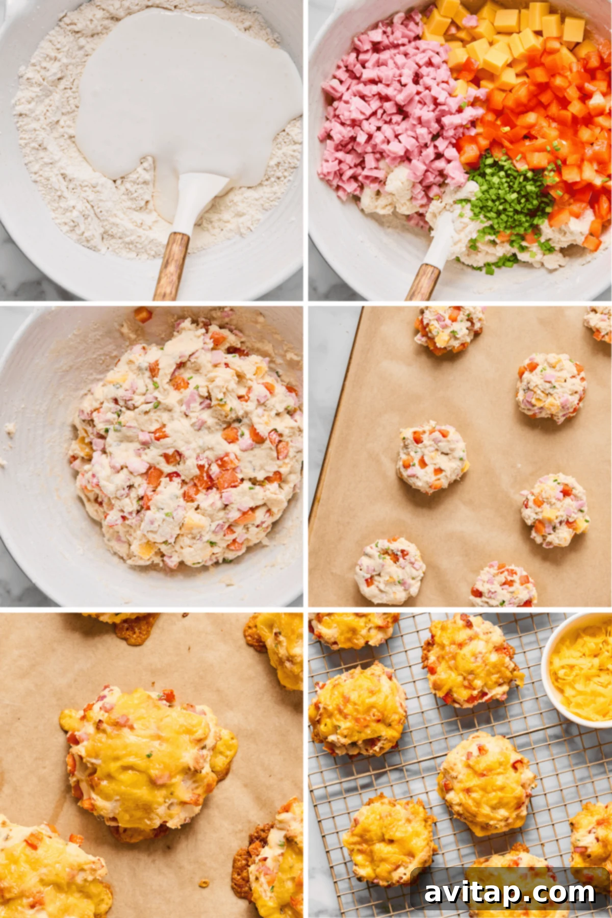 A dynamic sequence of images illustrating the process of making savory breakfast biscuits: from mixing flour, cream, diced ham, cheddar, bell pepper, and jalapeño, to portioning the dough onto a baking tray, baking them to a golden brown, and finally cooling them on a rack.
