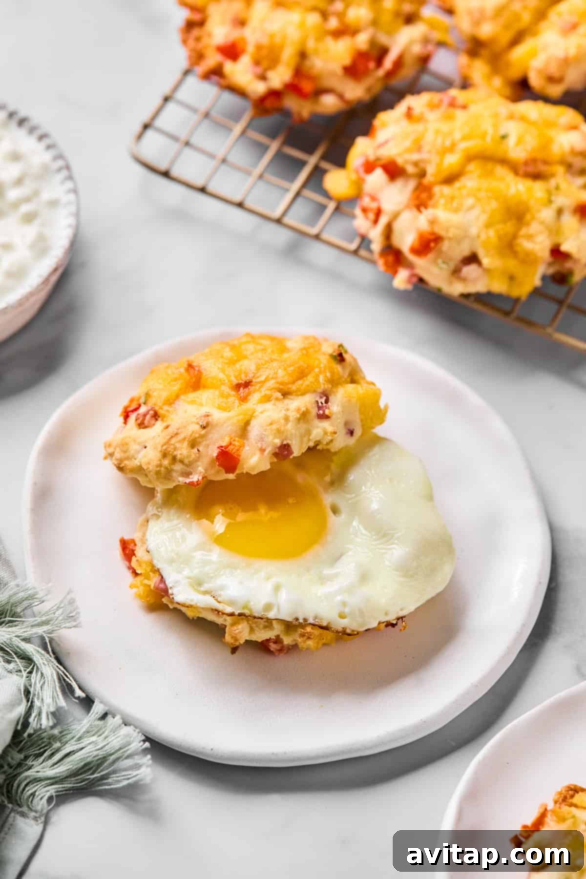 A delectable breakfast sandwich crafted with a perfectly fried egg nestled inside a savory cheddar and red pepper biscuit, presented on a pristine white plate, with more delicious biscuits cooling on a rack in the background.