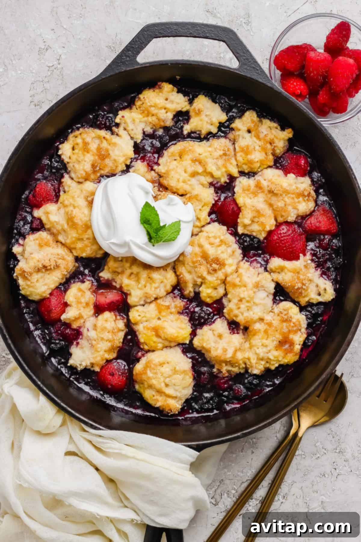 Creamy Protein Berry Cobbler 2 A skillet of mixed berry cobbler topped with golden biscuit dough, a dollop of whipped cream, a mint garnish, and a side of fresh raspberries.