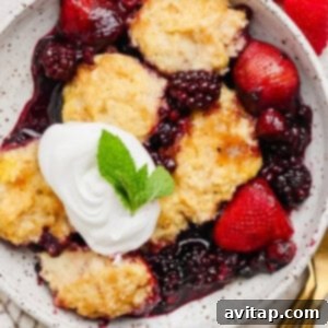 Creamy Protein Berry Cobbler 10 A bowl of mixed berry cobbler topped with whipped cream and a mint leaf, served with fresh strawberries and raspberries on the side.