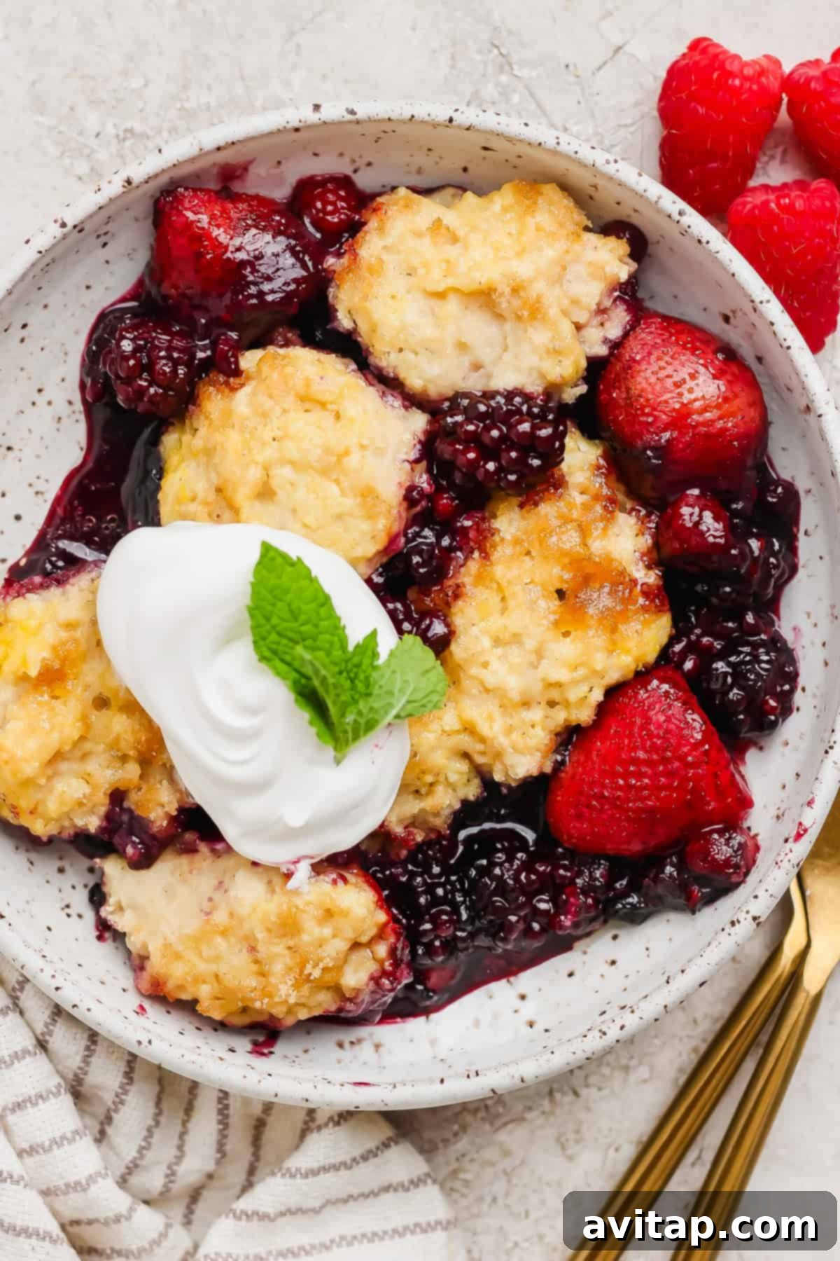 Creamy Protein Berry Cobbler 4 A bowl of mixed berry cobbler topped with whipped cream and a mint leaf, served with fresh strawberries and raspberries on the side.
