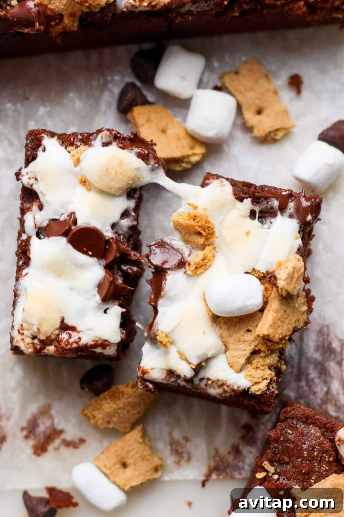 Two deliciously fudgy Protein S'mores Brownies, adorned with melted marshmallows, chocolate chips, and graham cracker pieces, presented on parchment paper with extra toppings scattered around.