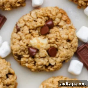 Close-up of an oatmeal cookie with chocolate chips and a marshmallow piece, surrounded by mini marshmallows and chocolate squares, suggesting a delightful s'mores twist.