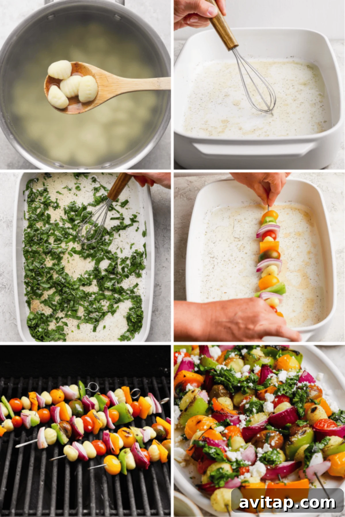 Grilled Rainbow Gnocchi Pops 3 A step-by-step collage showing the process of making grilled gnocchi skewers, from boiling gnocchi and preparing the dressing to skewering, grilling, and finally garnishing with cheese and herbs.