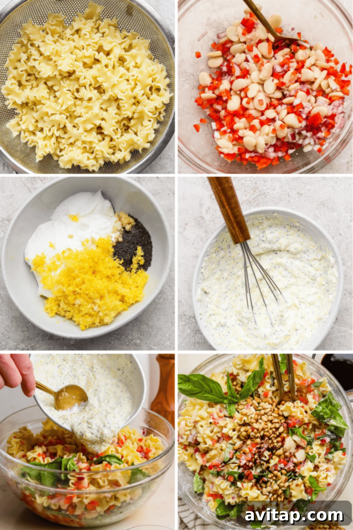 Six-step collage showing pasta salad preparation: cooked pasta, chopped vegetables with beans, ingredients for dressing, mixed dressing, dressing poured onto salad, and finished salad with pine nuts and basil.