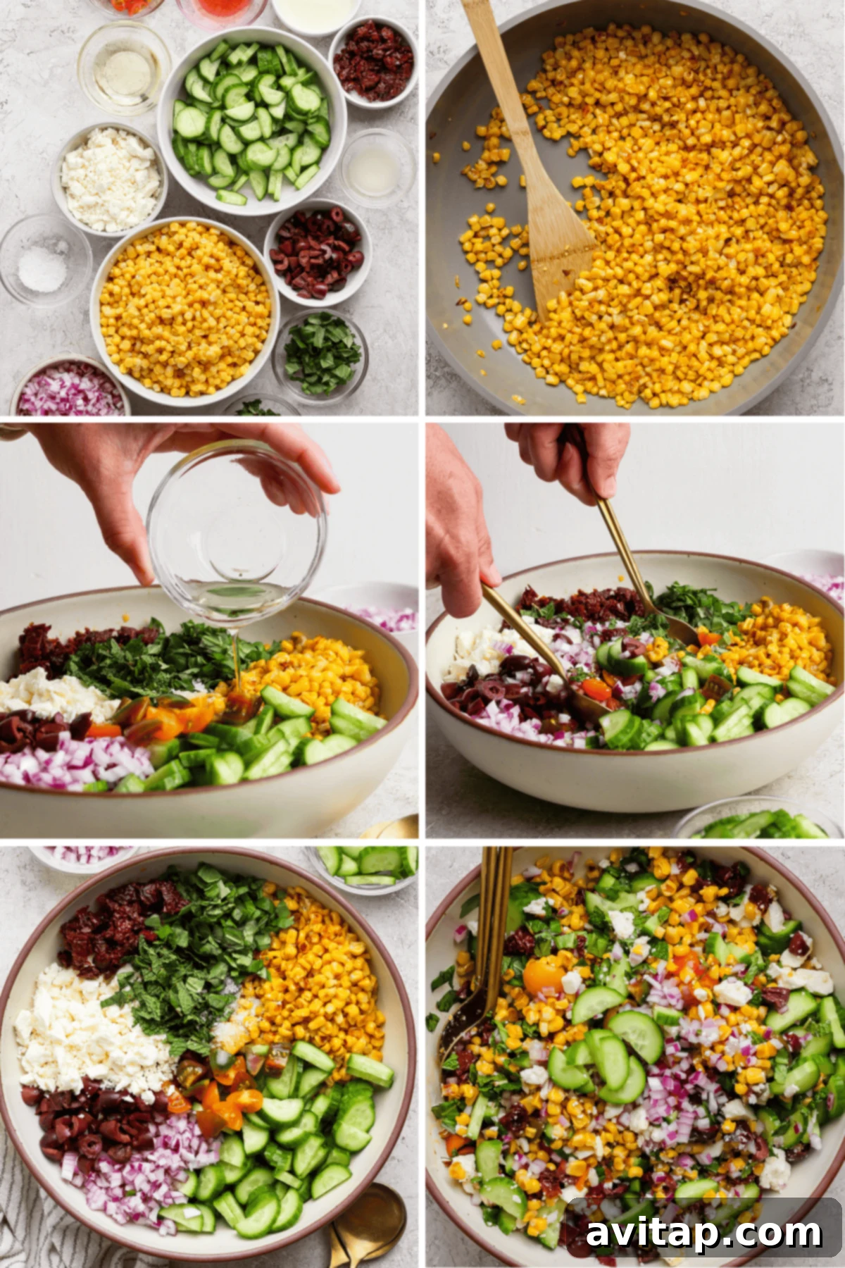 A step-by-step collage showing ingredients for a salad, sautéing corn, adding dressing, and mixing vegetables, cheese, and herbs in a large bowl for a Mediterranean corn salad.