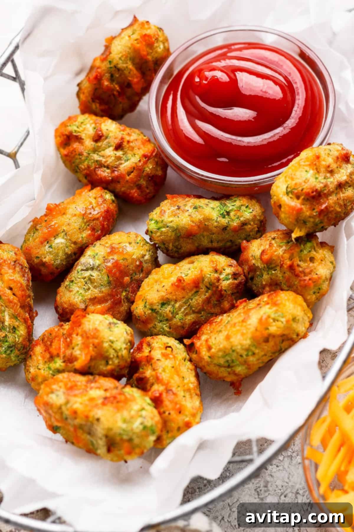 Crispy Air Fryer Zucchini Tots 2 A basket of golden-brown vegetable tots on parchment paper, served with a small glass bowl of ketchup for dipping. The tots are perfectly crispy and inviting.