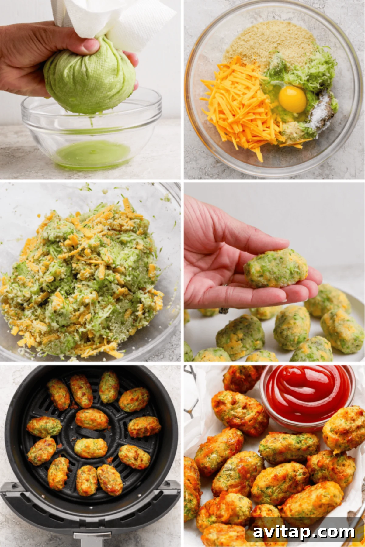 Crispy Air Fryer Zucchini Tots 3 A step-by-step collage shows making zucchini tots: squeezing liquid from shredded zucchini, mixing ingredients in a bowl, forming tots by hand, arranging them in an air fryer basket, and finally, serving them with ketchup.