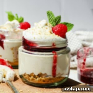 A dessert jar with layered cheesecake, graham cracker crust, whipped cream, raspberry sauce, a raspberry, and a mint leaf on top.