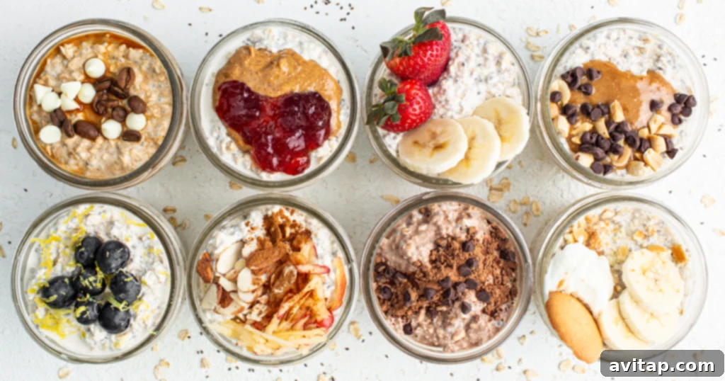 A collection of glass jars filled with various overnight oat preparations, featuring different fruits, nuts, and toppings, showcasing diverse flavor options.