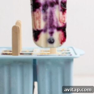 A hand holds a perfectly frozen blueberry cheesecake popsicle, adorned with beautiful purple, white, and red swirls, above a blue silicone popsicle mold.