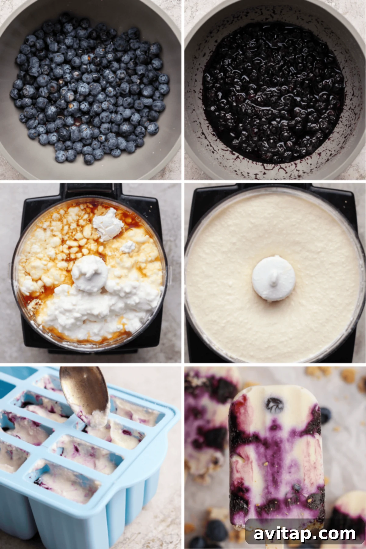 A step-by-step photographic guide showing the process of making blueberry cheesecake protein popsicles, from preparing ingredients to layering the mixture and the final frozen result.
