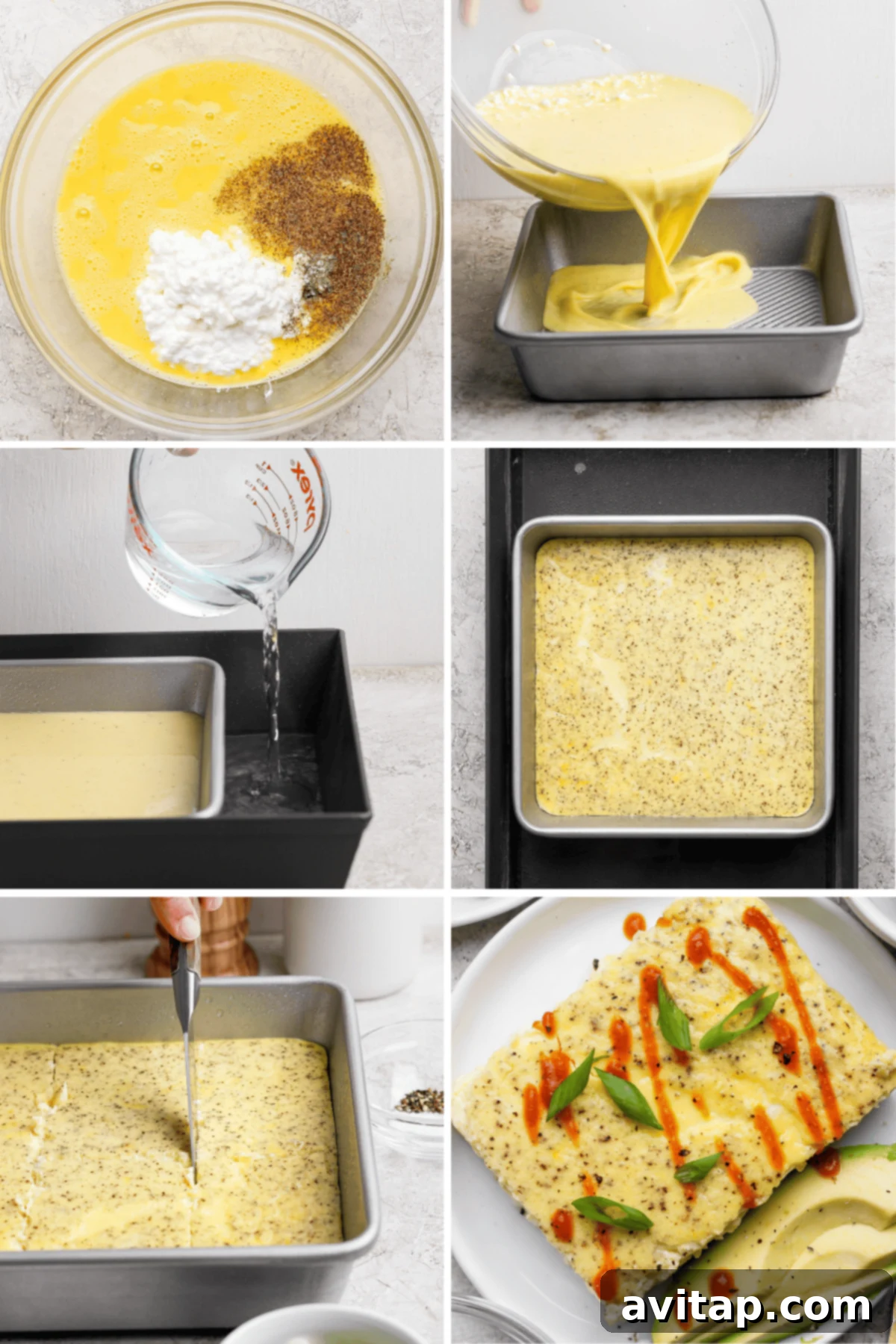 A step-by-step visual guide demonstrating the preparation of baked egg squares: from combining ingredients in a bowl, pouring the mixture into a pan, baking it within a protective water bath, to finally slicing and serving the finished dish garnished with fresh avocado, green onions, and a spicy sauce.
