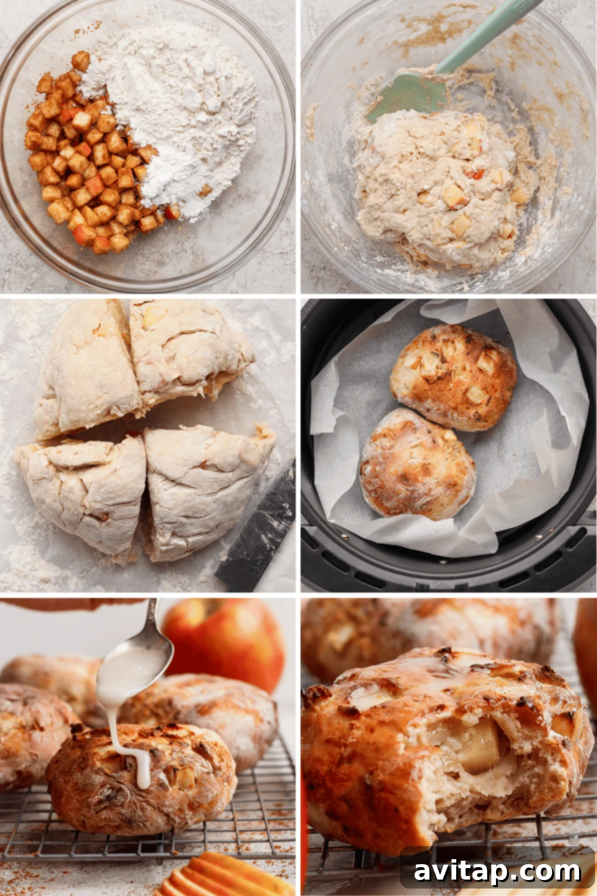A step-by-step process of making apple fritters: mixing ingredients, forming dough, baking in an air fryer, drizzling icing, and showing the baked fritter with apple pieces inside.