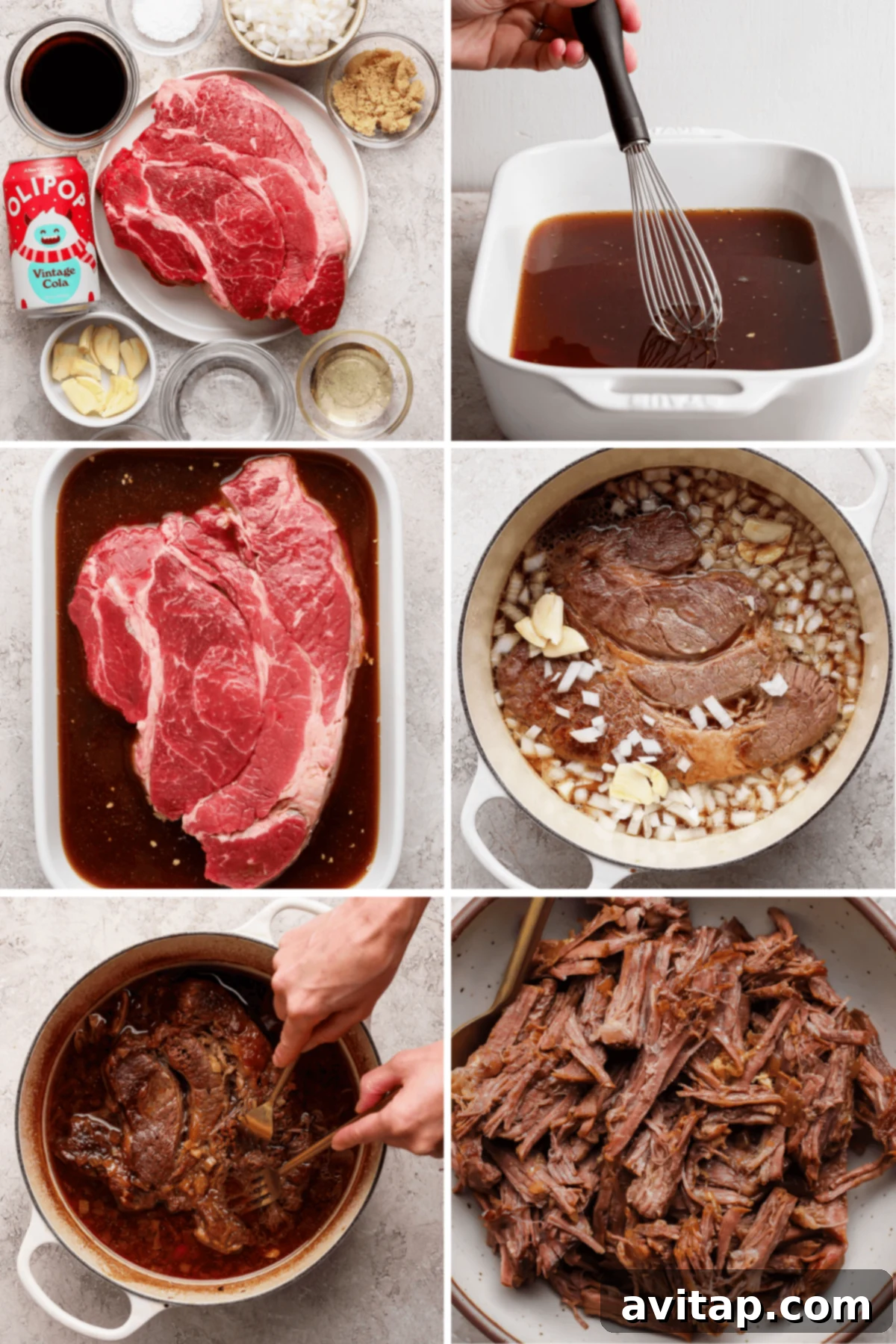 OLIPOP Infused Chuck Roast 5 A six-step visual guide showing the preparation of shredded chuck roast: from raw ingredients and mixing marinade, to marinating the beef, cooking with aromatic onions and garlic in a Dutch oven, the shredding of the cooked beef, and finally, a finished plate of succulent shredded beef.