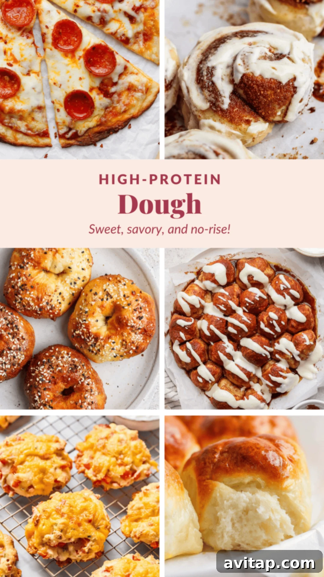 A collage of baked goods made from high-protein dough, including pizza, cinnamon rolls, bagels, pretzel bites, cheddar biscuits, and dinner rolls.
