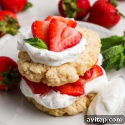A strawberry shortcake dessert with layers of biscuits, whipped cream, and sliced strawberries, garnished with mint leaves on a white plate.